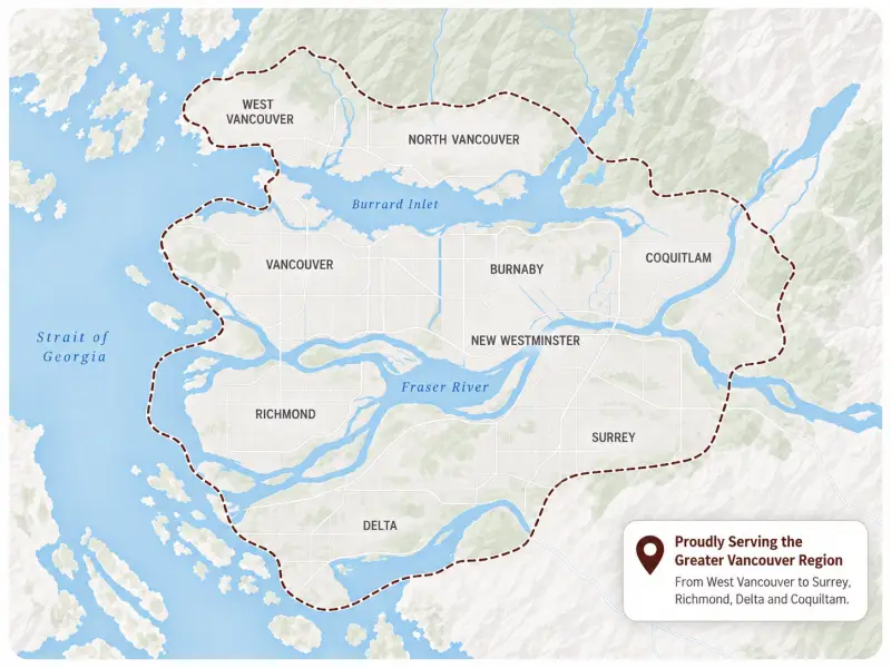 Map highlighting the Greater Vancouver region, from West Vancouver to Surrey, Richmond, Delta and Coquitlam.